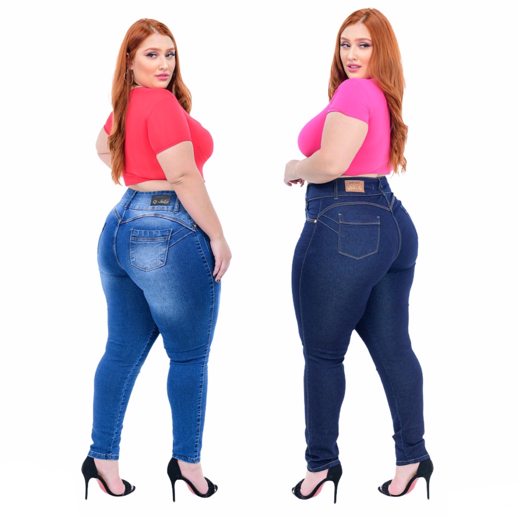 Kit 2 Cal a Feminina Plus Size Jeans Cintura Alta Com Lycra Fashion 