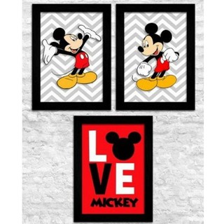 Quadro Decorativo Kit 03 Peças 20x30 Love Mickey Para Quarto Decorações de Festas Infantis Moldura Impressa
