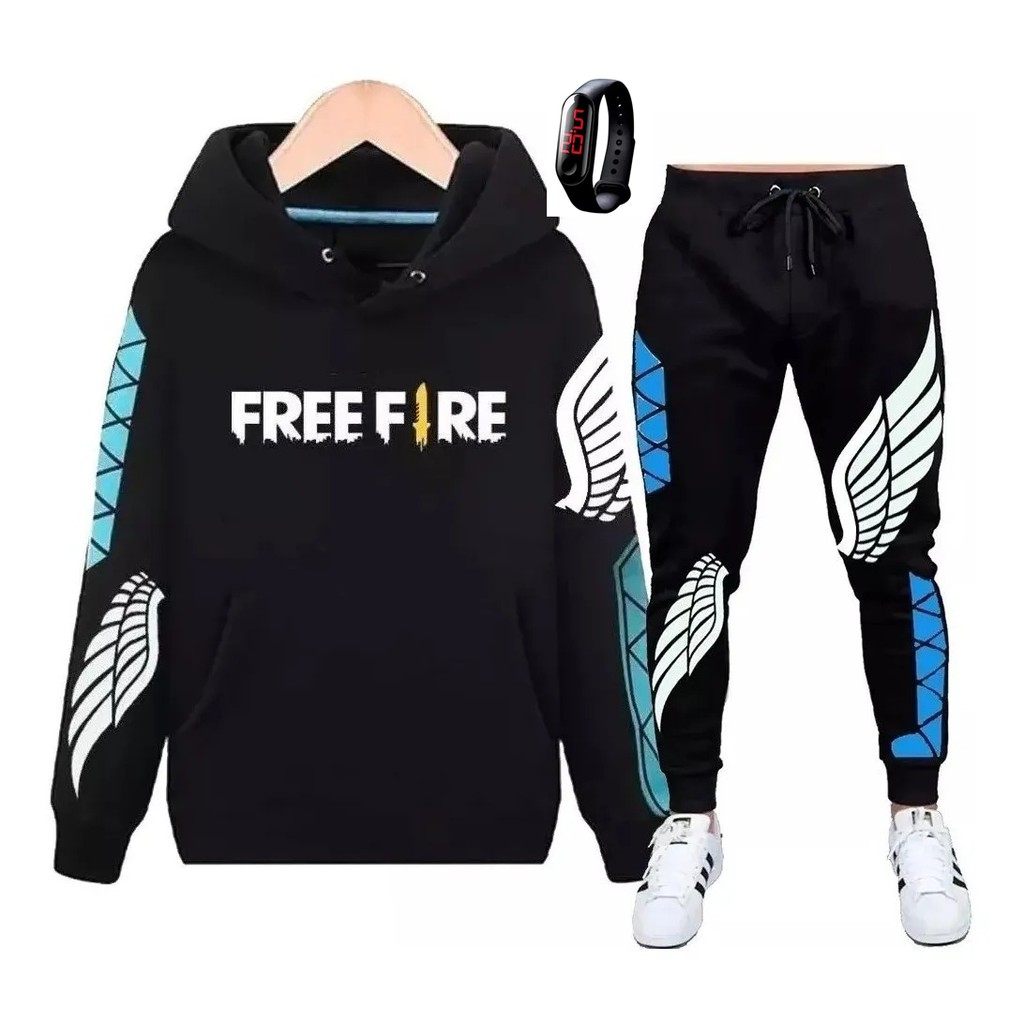 Conjunto Moletom Free Fire Infantil Juvenil Peluciado Preto