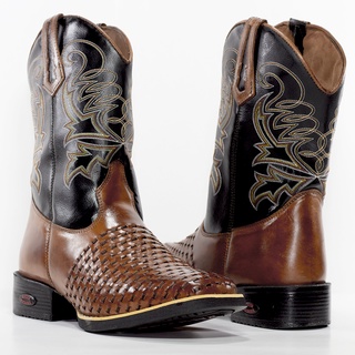 Bota Country Texana Masculina Em Couro Trisse Frontal Cano Alto Bordado Bico Quadrado
