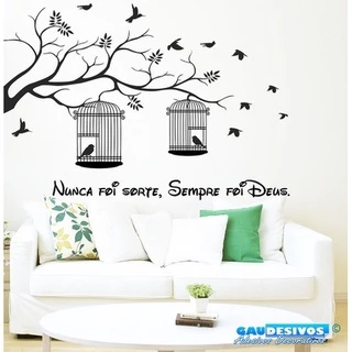 Adesivo Decorativo De Parede Árvore Com Gaiolas E Frase decore seu ambiente casa apartamento sala, quarto, cozinha, vidros, corredor, escritório