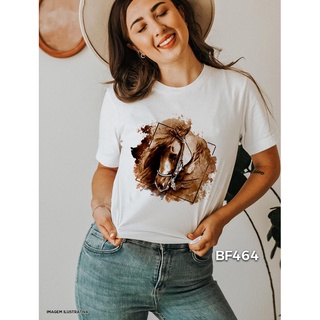T Shirt Branca Feminina Country Cavalo Marrom Bruto BF464