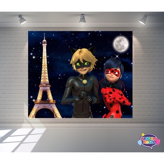 Painel Sublimado Lady Bug Cat Noir Paris Torre Eiffel