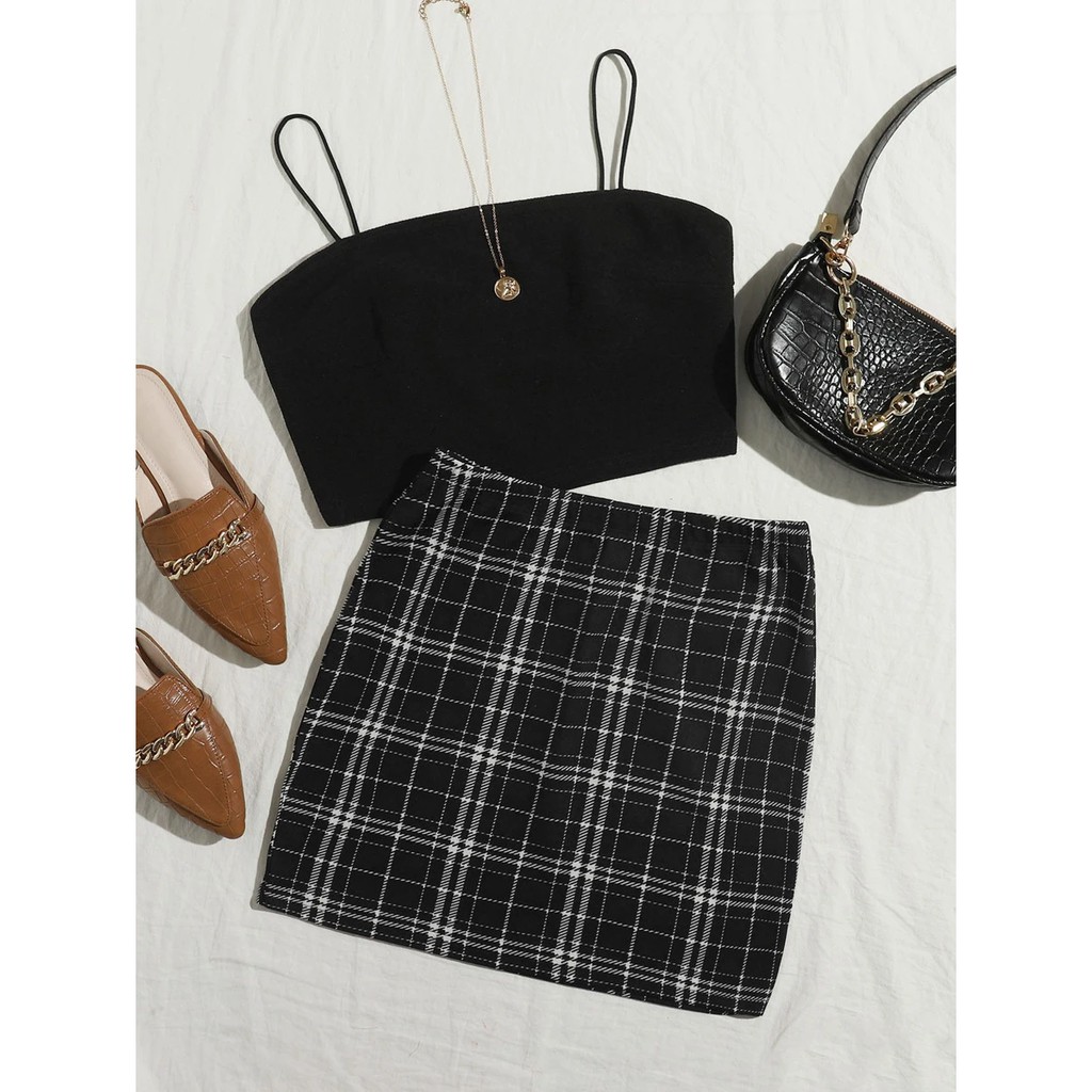 Conjunto Saia e Top Preto Xadrez Shein