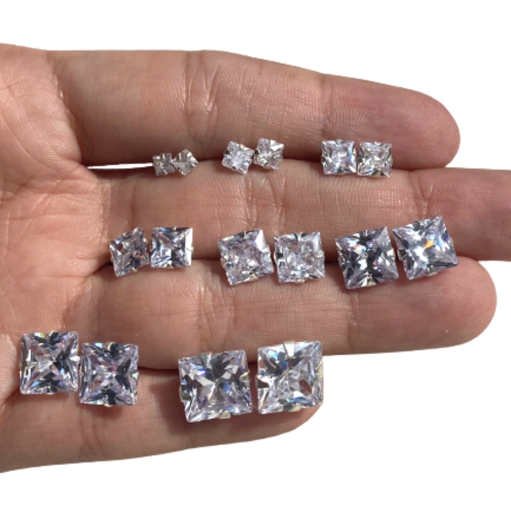 Brinco Quadrado Feminino e Masculino Ponto de Luz Prata 925 Pedra Zircônia 2, 3, 4, 5, 6, 8, 9, 10MM