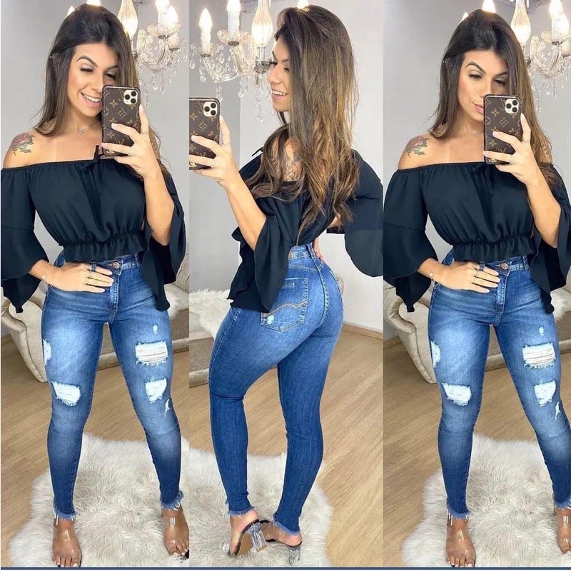 Calça flare jeans hot sale com blusa ciganinha