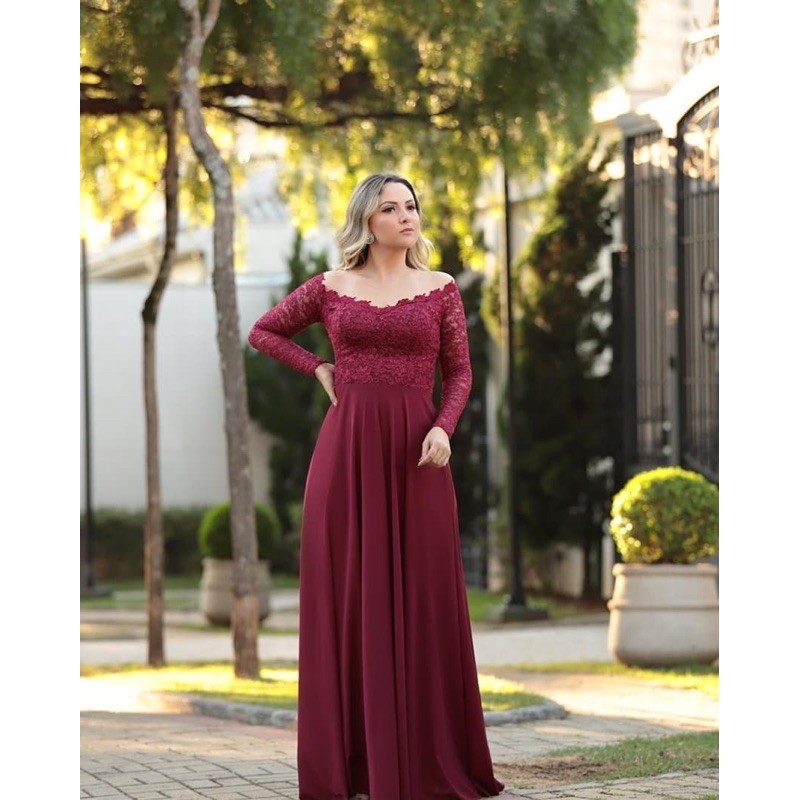 Vestido madrinha marsala sales manga longa