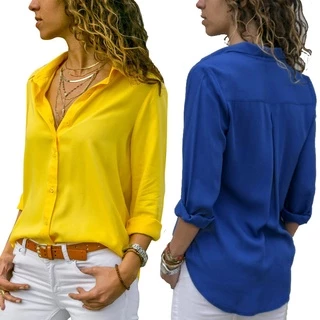 Camisa Feminina De Chiffon Folgada De Cor Lisa Com Gola Redonda E Manga Comprida