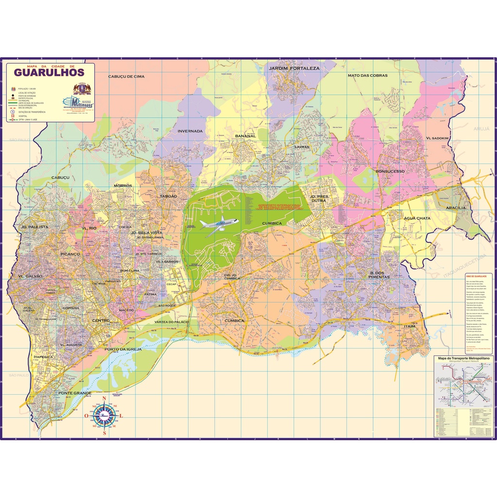 MAPA DA CIDADE DE GUARULHOS - POLÍTICO - GIGANTE: LARGURA 117 CM X ...