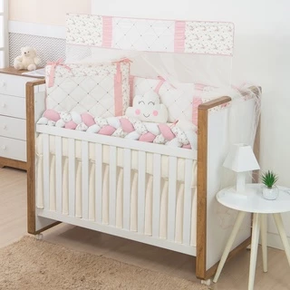 Kit de Berço menina rose Americano 100% Algodão trança floral rose com palha