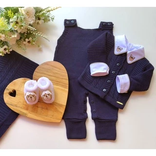 Saída maternidade de menino azul marinho aviador tricot 5 peças