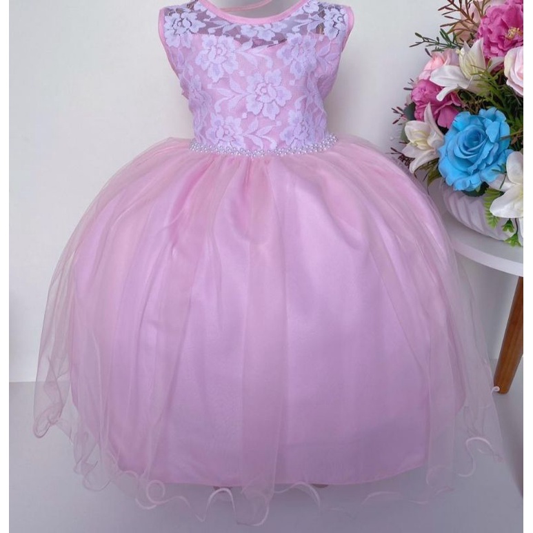 Vestido Infantil de Festa Rosa Bebê Luxo Princesa