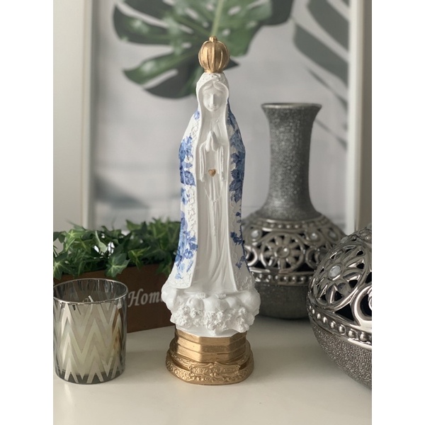 imagem de nossa senhora de Fátima 30 cm manto Flor azul decorada dourada gesso