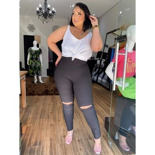 Calça Bandagem Feminina Plus Size Rasgo joelho e Ziper na Barra Tecido grosso