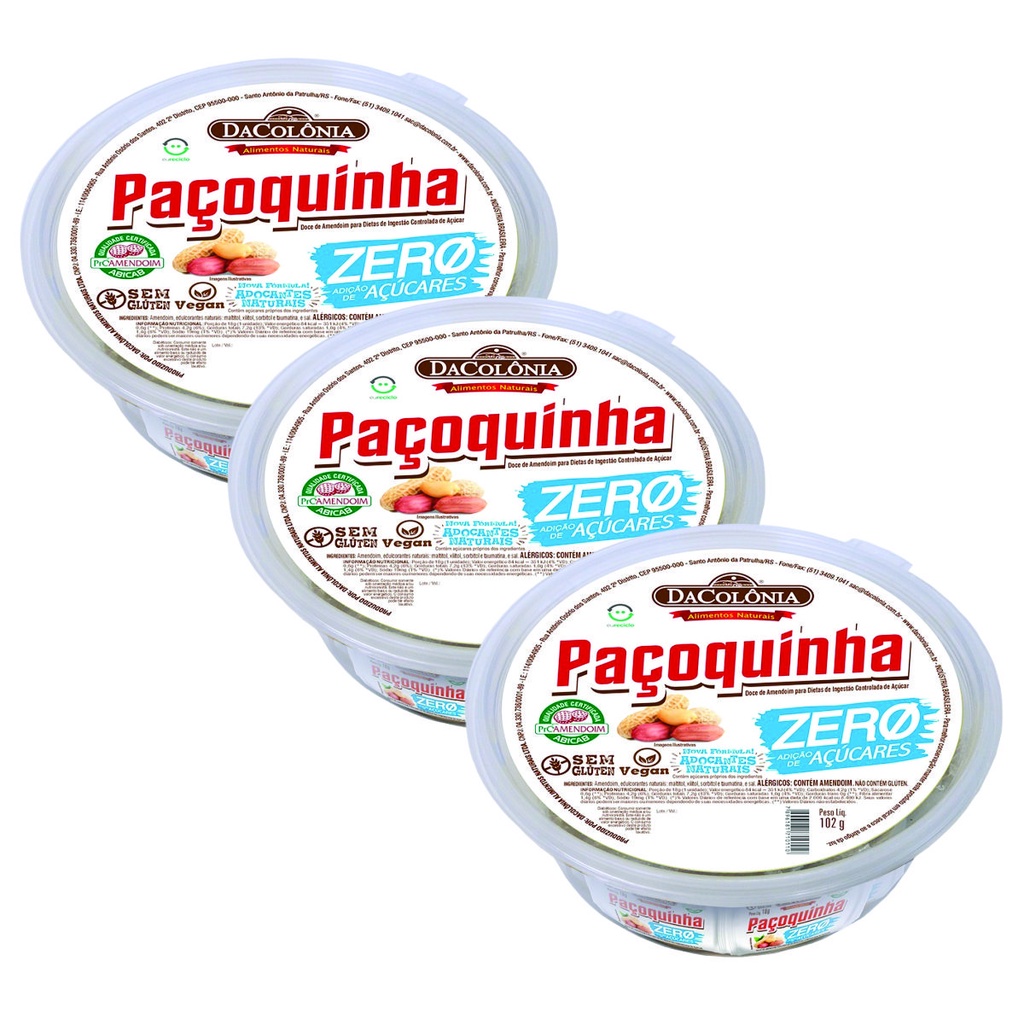 Kit Com 3 Paçoca Rolha Zero Açúcar Dacolônia 102g Com 06 Und Original, Vegana E Sem Glúten