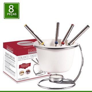 Conjunto Fondue New Branco 8 Peças Panela Fundi Aço Inox Para Chocolate E Queijo
