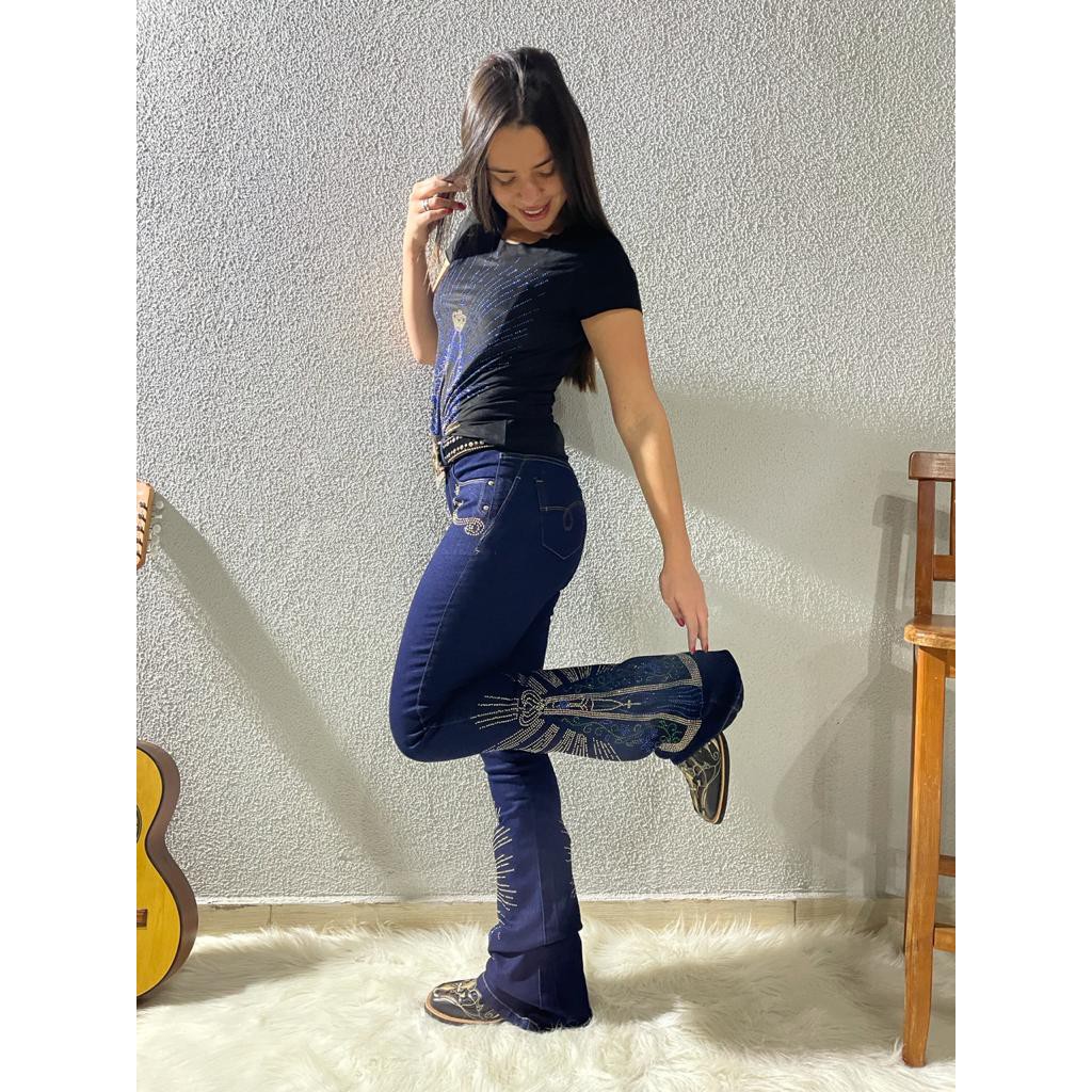Calça Feminina Nossa Senhora de Aparecida em strass pernas azul com  elastano moda country texas ranch jeans top