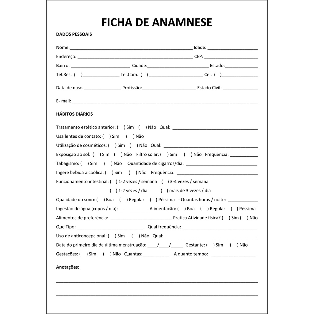 Ficha de Anamnese Padrão/Pessoal - TAM A6