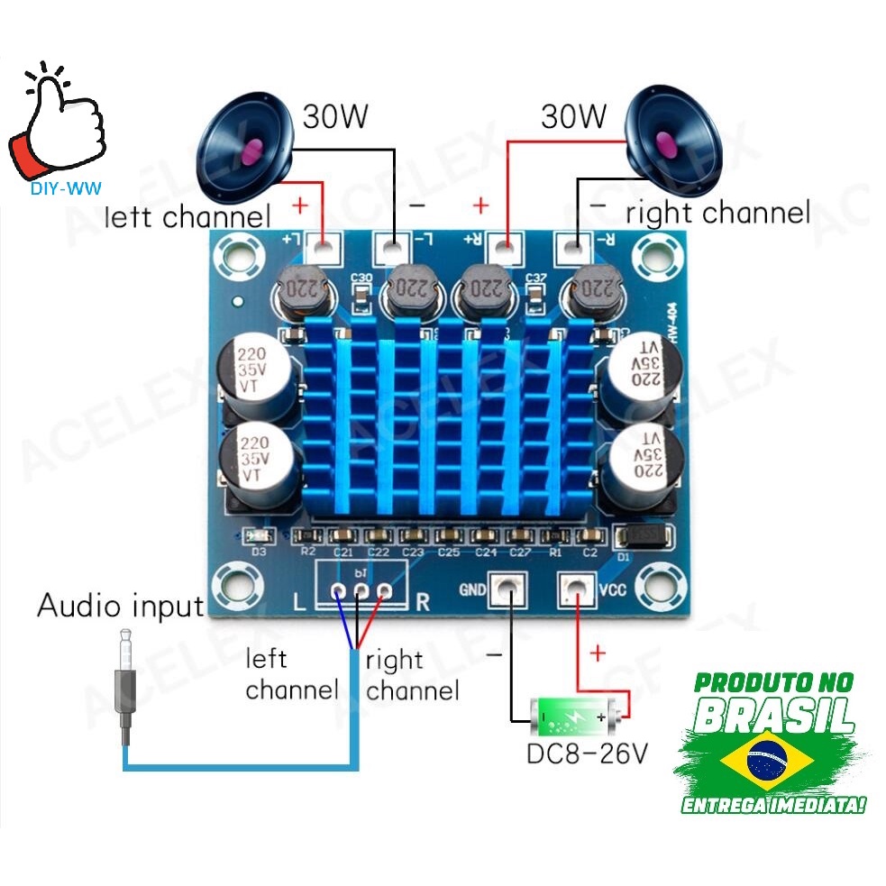 Placa amplificadora de potência de áudio 30w + 30w 2.0 canais de áudio estéreo digital placa amplificador de potência dc 8-24v