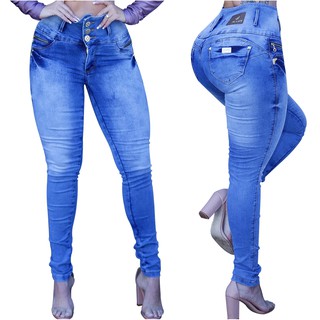 Calça Barata Cós Alto Azul Aço Lycra Botões Estilo Pit Bull Calça