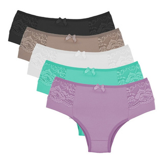 Kit 5 Calcinhas Cós Alto Detalhes Em Renda Antialérgica Forro 100% Algodão Calçola Microfibra Conforto Lingerie Feminina