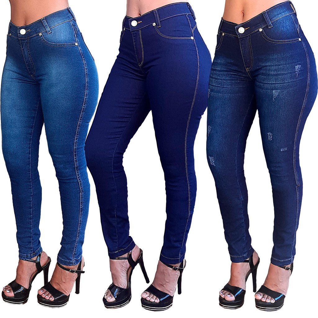 3 Calças Jeans Feminina Cintura Alta Com Lycra Moda - Barata