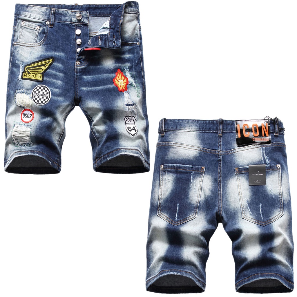 Bermuda Jeans Masculina Europeia Americana Dsquared2 Italiano Com Cinco Pontos Bordado Rasgado Remendo Cordao Decorativo