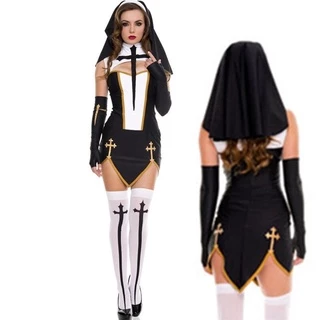 Alta Qualidade Sexy Trajes Nun Adulto Mulheres Cosplay Vestido Com Capuz Preto Para O Dia Das Bruxas Irmã Traje Do Partido