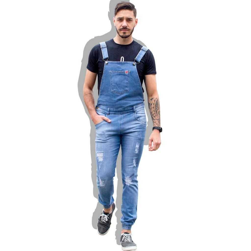 Jardineira masculina hot sale jeans rasgado