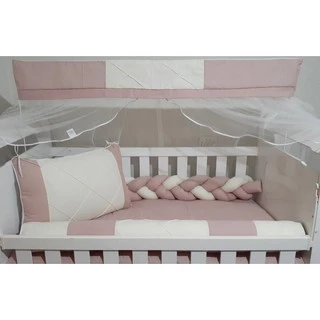 Kit Berço Nervura Luxo 8pçs 100% Algodão (Palha c/ Rosê)