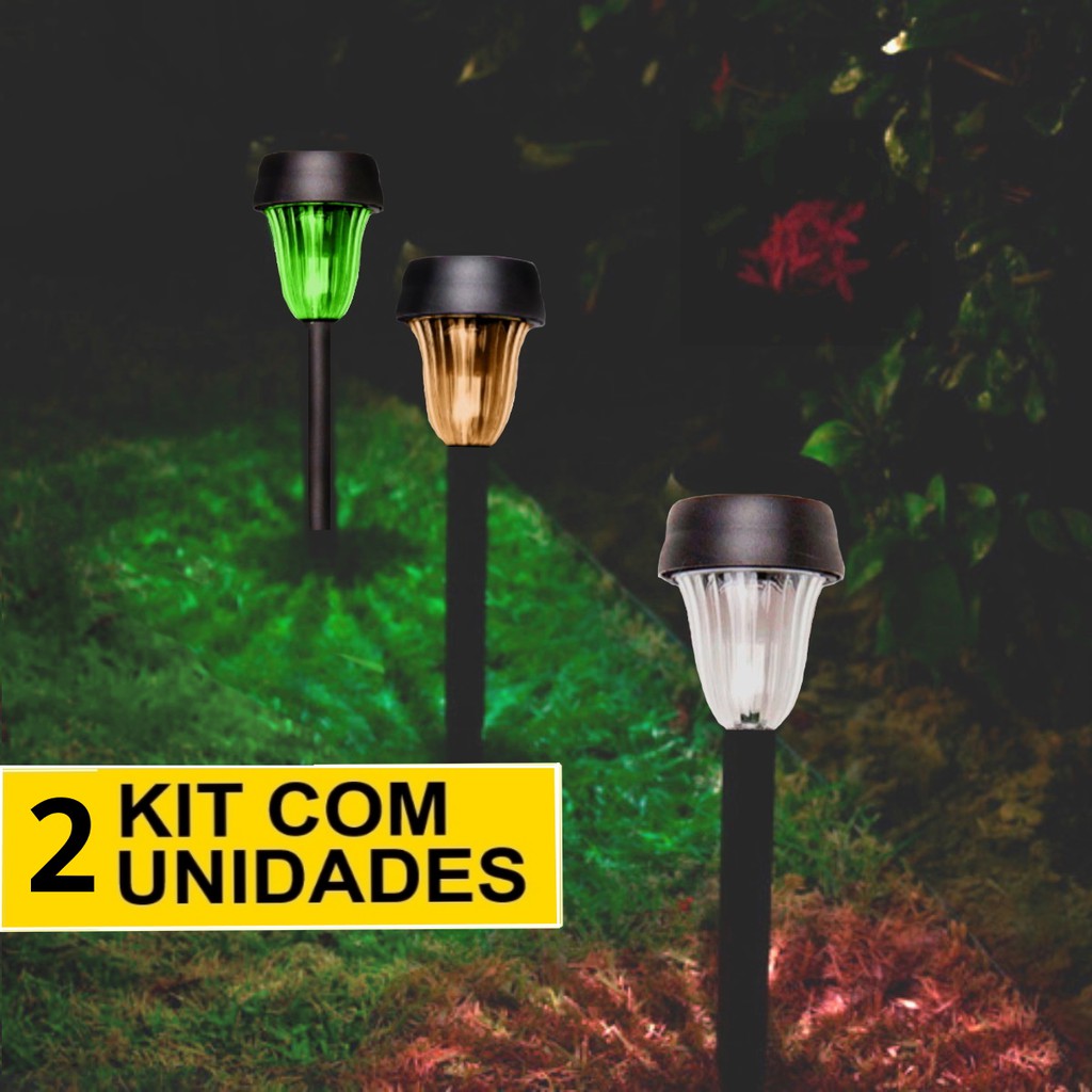 Kit 2 Luminárias Jardim Solar Led Verde Amarelo Branco Balizador Prova