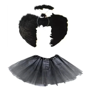 Fantasia Anjo Carnaval Preto Branco Adulto Asa + Arco + Saia em Oferta na Shopee