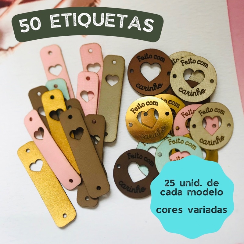 50 etiquetas couro sintetico para artesanato/croche/trico/amigurumi sortidas