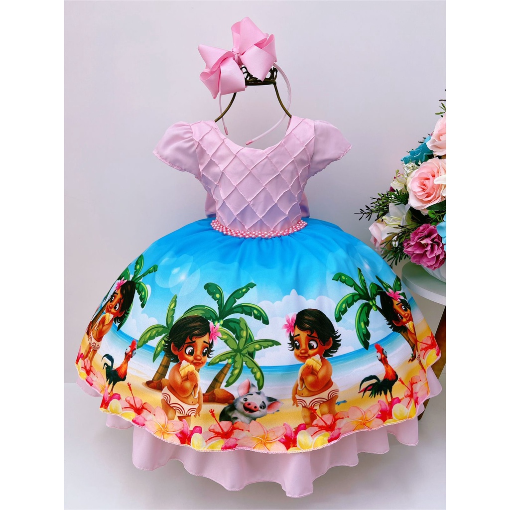 Vestido Infantil Moana Baby Rosa Azul Cinto Pérolas Luxo - Rosa