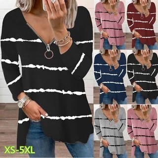 Camiseta Feminina Listrada Mais Manga Comprida Com Zíper Em V De