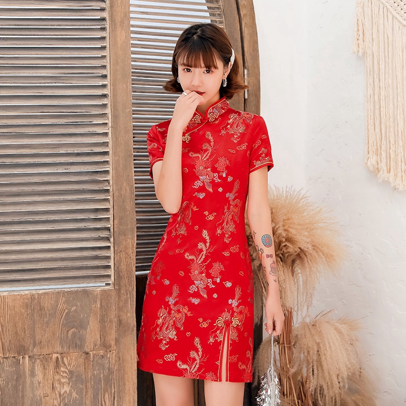 2022 Novo Vestido Nacional Chinês De Verão Cheongsam Dragão Fênix Feminino  Dividido Mini Qipao