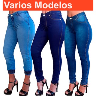 Kit 3 Calças Jeans Feminina Cós Alto Que Vai Até o Umbigo com