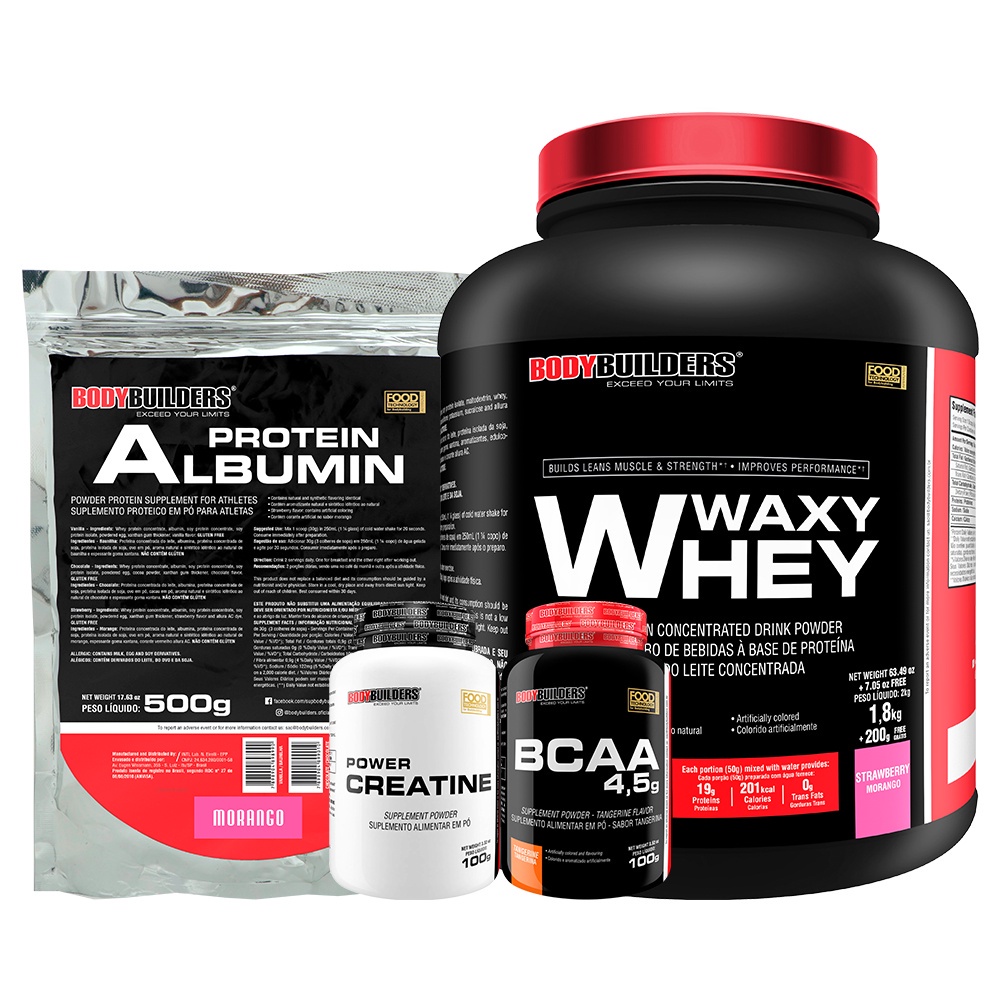 Kit Whey Protein Waxy Whey 2kg + Albumina 500g + BCAA 100g Tangerina + Power Creatina 100g – Bodybuilders
