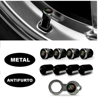 Kit Tampa Bico Pito Antifurto Pneu Roda Metal Preto Logo Fiat Italia