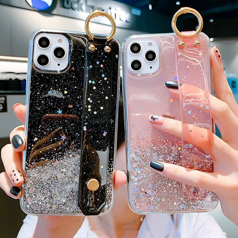 Para Samsung Galaxy S22 UItra S21 Plus Note 20 S20 FE Capa Gradiente Glitter Suporte Pulseira Flexível Transparente Traseira