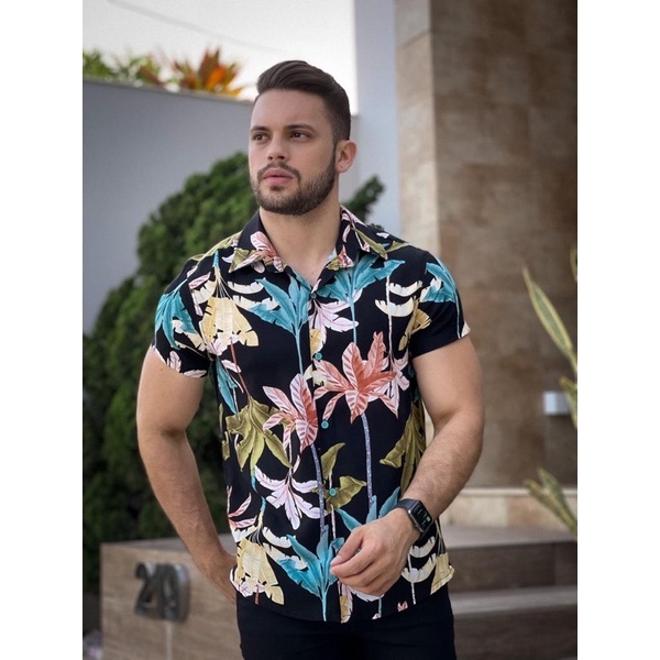 Camisa Social Florada Moda Praia Verão Bolso Botão Manga Curta Estilo  Casual Masculino