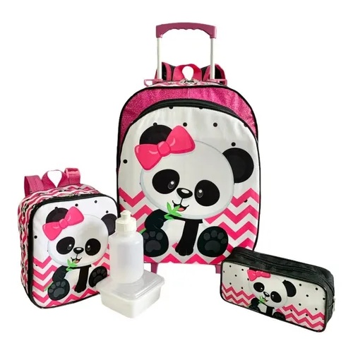 Kit Mochila Infantil Escolar Urso Panda Glitter Rodinha G F5