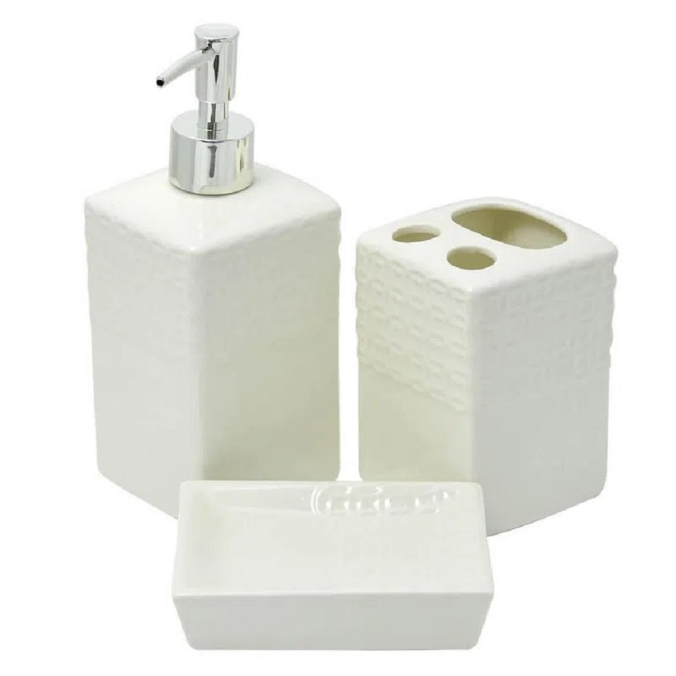 Kit Saboneteira Para Banheiro 3 Peças Lavabo Branco Porcelana Renda ...