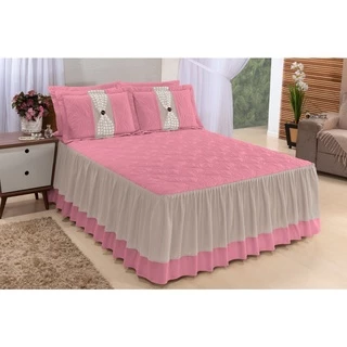 Colcha Casal Queen Kit 3 peças Bordada 2,70 X 2,60 Cama Box Rosa com Matelasse e babado
