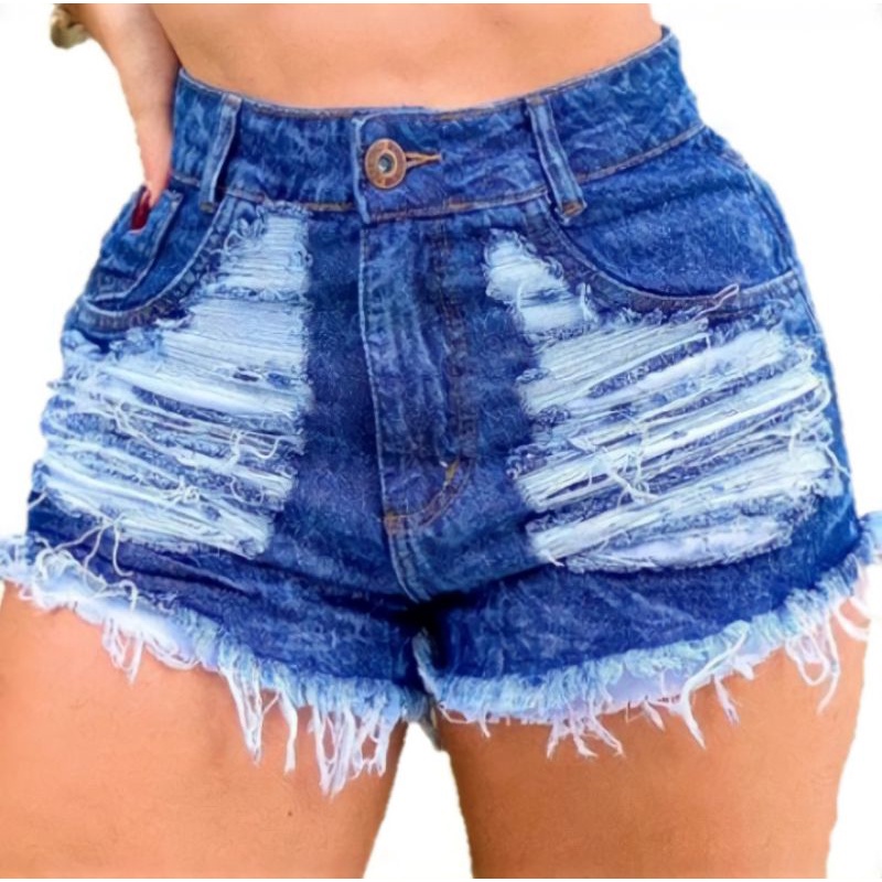 Short Jeans Bermuda Feminina Cintura Alta Desfiado - Efeito Levanta Bumbum  Luxo Qualidade