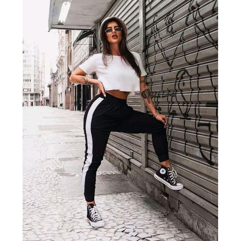 Calça Legging Jogger Preta Crepe Tipo Moletom Listra Feminina Moda Cintura  Alta .