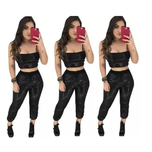 Conjunto Feminino Paetê Calça Jogger Cropped Alça Fina ref:046