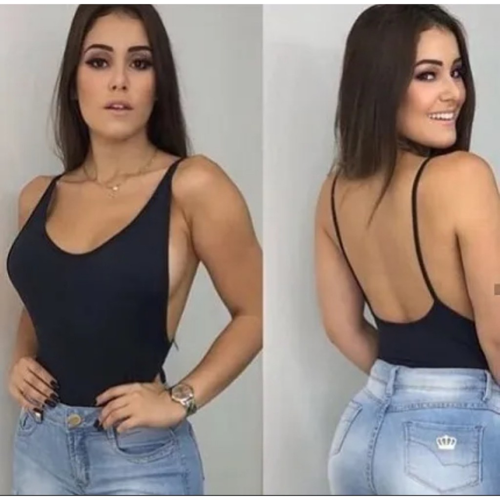 Body blusa canelado alça fina com bojo cavado nas costas feminino