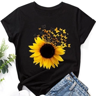 Girassol Amarelo Borboleta Estampa Novas Mulheres Camisetas Mangas Curtas Gola Redonda Slim Fit Preto Top Senhoras Branco Verão Primavera Roupas