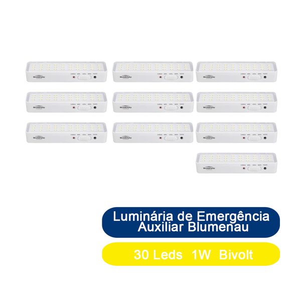 Kit 10 Luminárias de Emergência 30 Leds Auxiliar Blumenau 1W Bivolt
